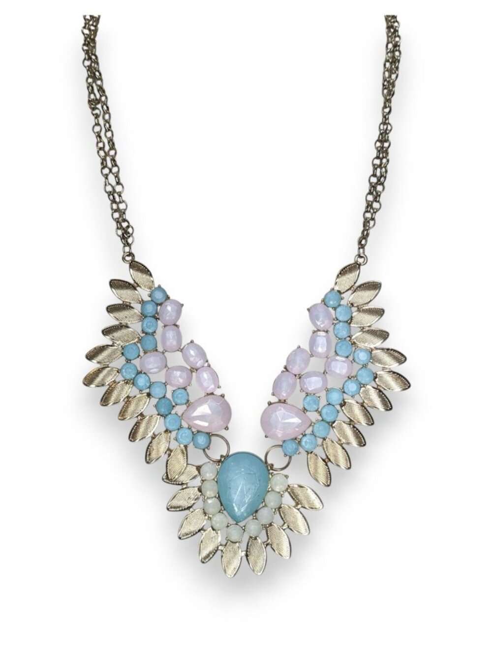 Pastel Glam Boho Statement Blue Pink Jeweled Leaf Bib Necklace